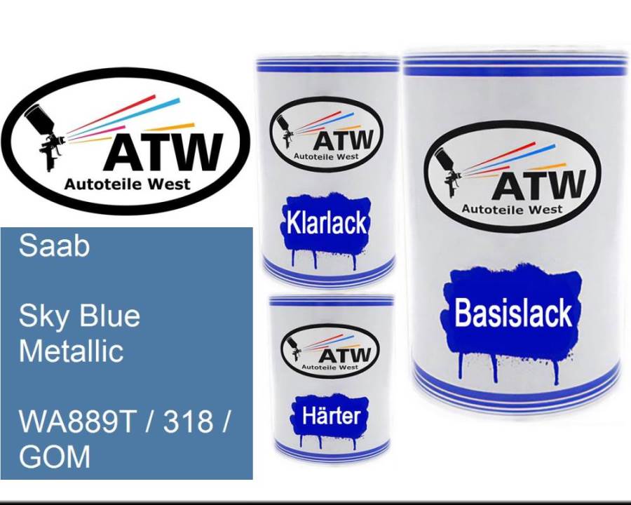 Saab, Sky Blue Metallic, WA889T / 318 / GOM: 500ml Lackdose + 500ml Klarlack + 250ml Härter - Set, von ATW Autoteile West.
